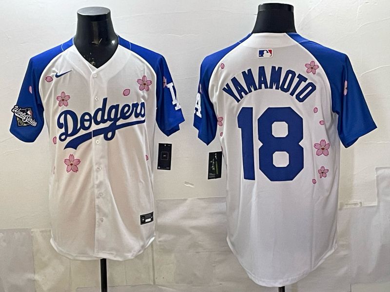Men Nike 2026 Los Angeles Dodgers #18 Yamamoto White Blue Sakura Edition Game MLB Jersey 12083->youth mlb jersey->Youth Jersey